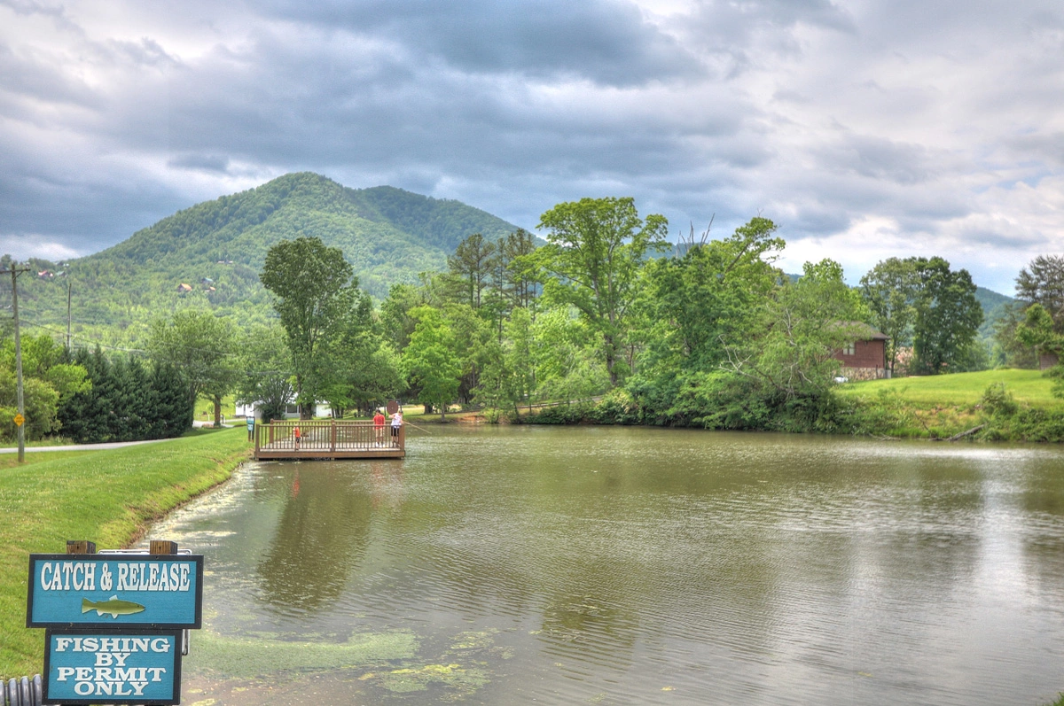 Spend the day fishing in the stocked pond.  Courtesy of Honeysuckle Meadows RV Park.